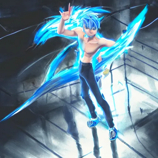 Prompt: a blue haired boy in a dynamic pose. standing in the rain character design. gesture drawing. line of action. official art, concept art. tetsuya nomura. final fantasy. shigenori soejima medium shot. ray tracing hdr. 8 k. uhd. sharp focus. symmetrical. coherent highly detailed. masterpiece. cinematic lighting..