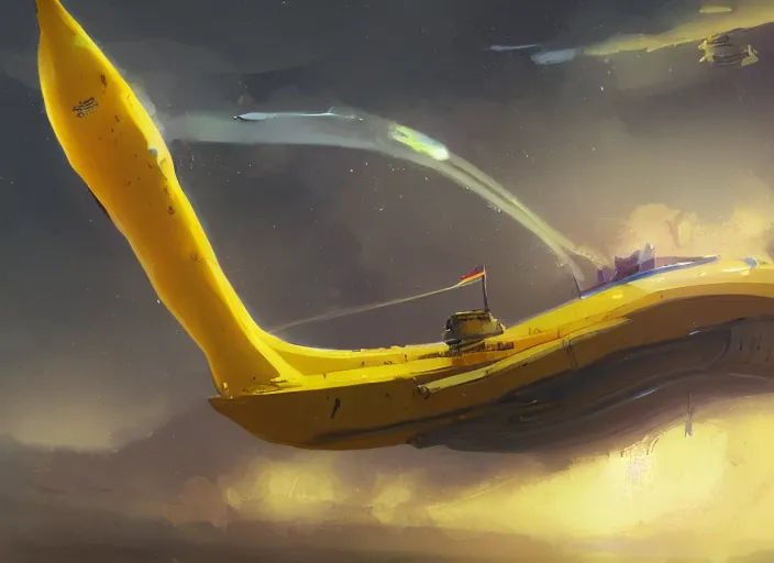 Image similar to a painting of a futuristic yellow submarine plane flying through the sky, light cloud, concept art by Ian McQue, cgsociety, highly detailed, artstation, concept art, sci-fi