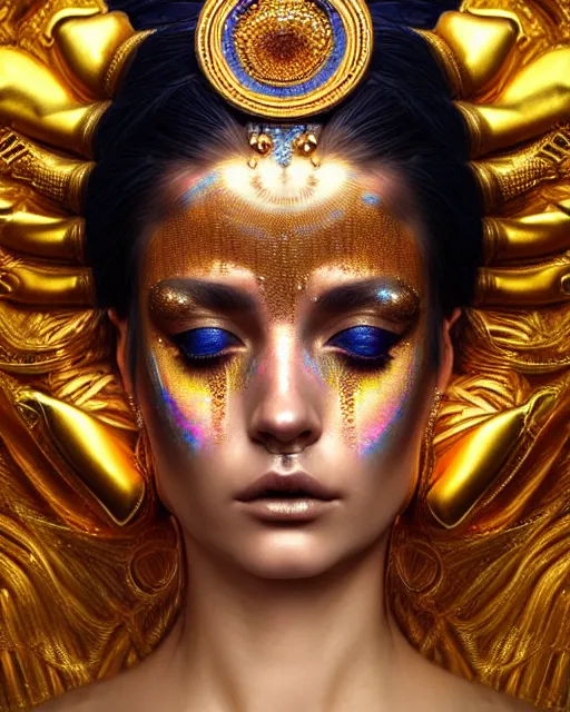 Prompt: hyperrealistic detailed portrait of a beautiful goddess in an iridescent - gold ornamental headdress, intricate cyberpunk make - up, golden face tattoos, art by android jones, john william godward, nekro borja, gothic - cyberpunk, beautiful deep colours,