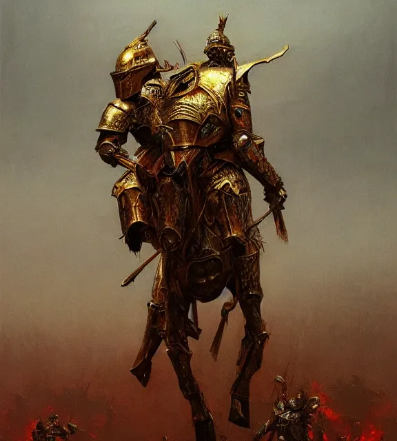 Prompt: royal knight in golden sun ornament armor, dismounted, beksinski, trending on artstation