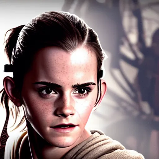 Image similar to Emma Watson modeling as Rey in Star Wars, (EOS 5DS R, ISO100, f/8, 1/125, 84mm, postprocessed, crisp face, facial features, principles of design)