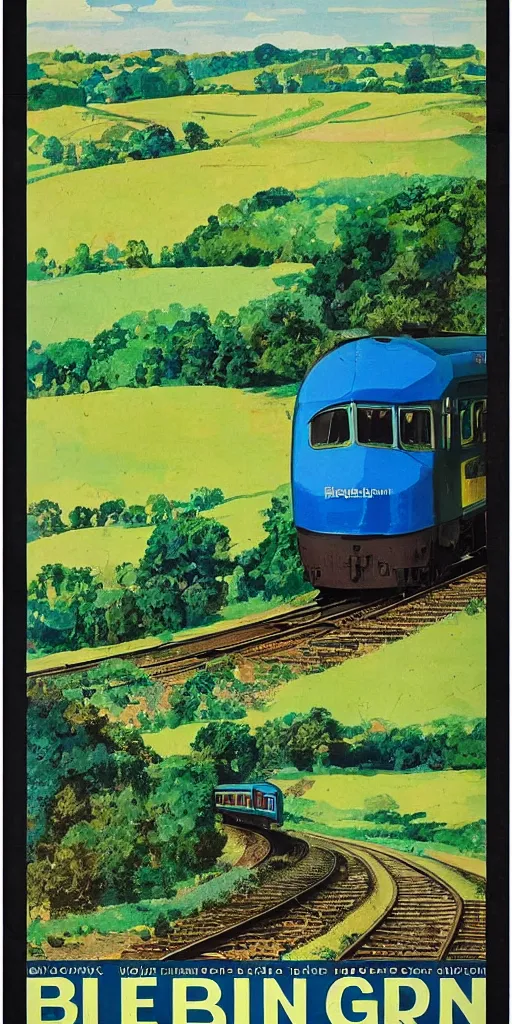 Image similar to blue and green train in the country, vintage retro poster,