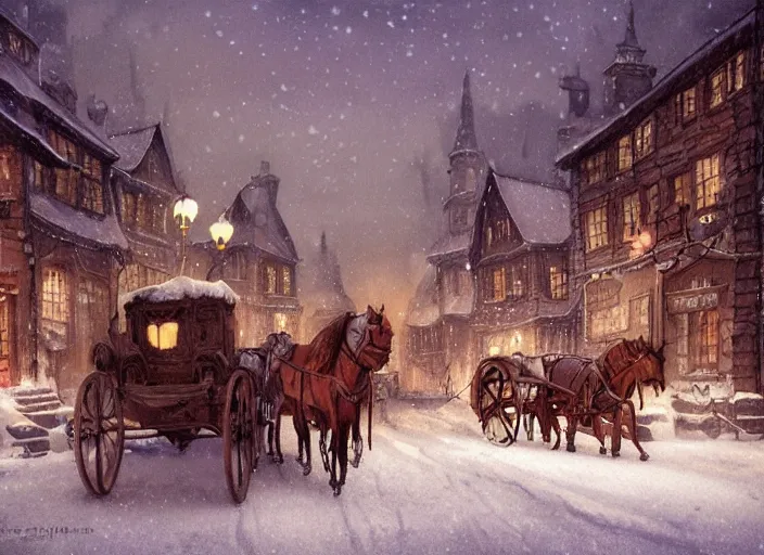 Image similar to a night scene of a snowy town with a horse drawn carriage, a detailed matte painting by anton pieck, deviantart contest winner, fantasy art, concept art, official art, matte drawing