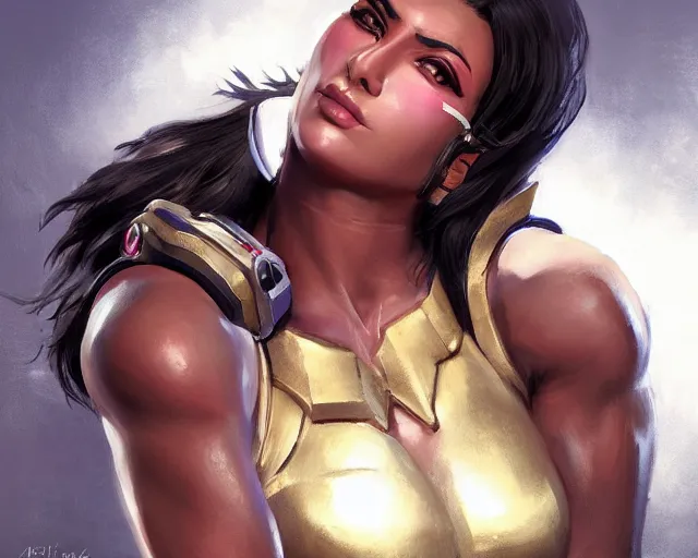 Prompt: portrait of pharah from overwatch as a beautiful female bodybuilder amazon with plump lips, elegant, fantasy, hd shot, digital portrait, beautiful, artstation, comic style, by artgerm, guy denning, jakub rozalski, magali villeneuve and charlie bowater