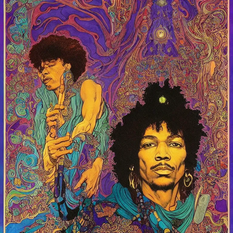 Prompt: colorfull artwork by Franklin Booth and Alphonse Mucha and Mati Klarwein showing a portrait of Jimi Hendrix as a futuristic space shaman