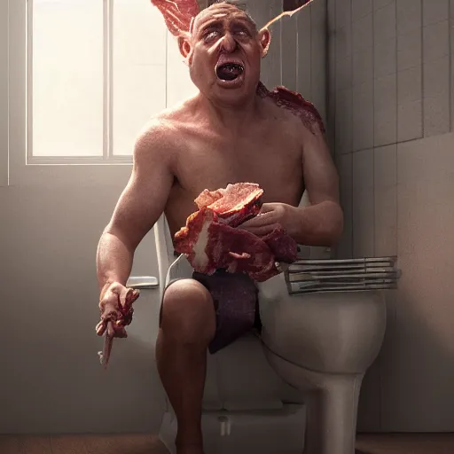 Image similar to ( ( viktor orban ) ) with realistic face sitting on the toilet and eating bacon by greg rutkowski, highly detailed, octane render, 4 k, 8 k, hdr, cgsociety, amazing lightning, masterpiece