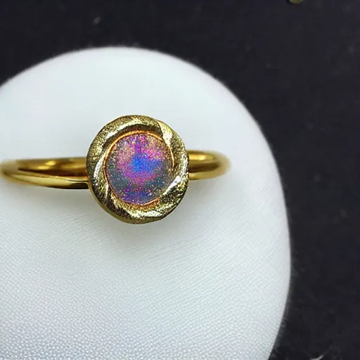 Image similar to a gold ring with an iridescent colored diamond, close up photo, studio photo, realistic, ultra detailed.