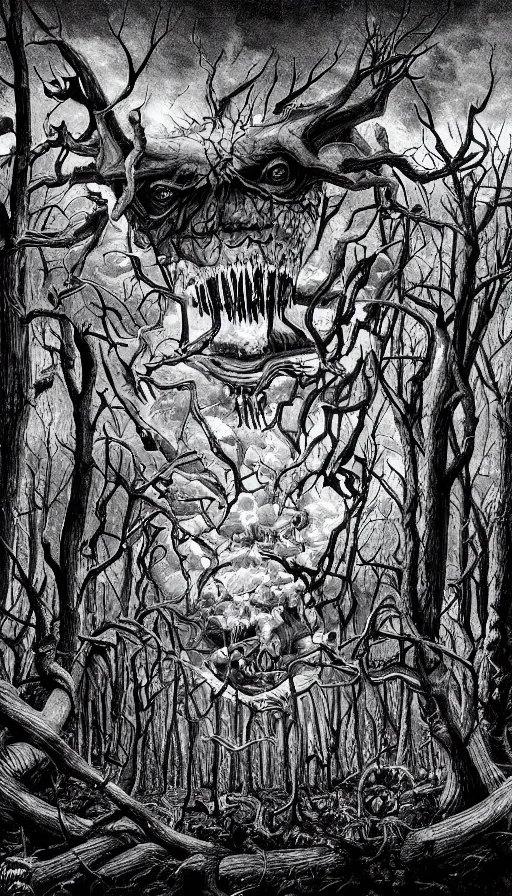 Image similar to a storm vortex made of many demonic eyes and teeth over a forest, by jason de graaf