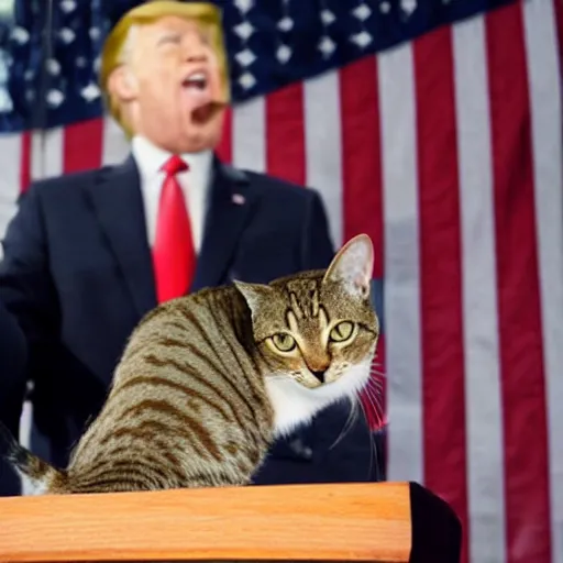 Image similar to a cat as the president of the united states giving a speech and wearing a suit in front of the american flag