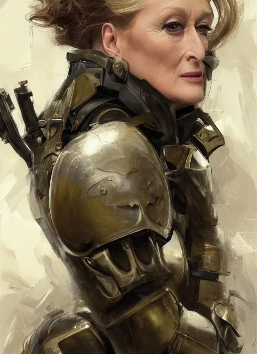 Image similar to a professional painting of a beautiful Meryl Streep, clothed in military armor, olive skin, long dark hair, beautiful bone structure, symmetrical facial features, intricate, elegant, digital painting, concept art, smooth, sharp focus, illustration, from Metal Gear, by Ruan Jia and Mandy Jurgens and Artgerm and William-Adolphe Bouguerea