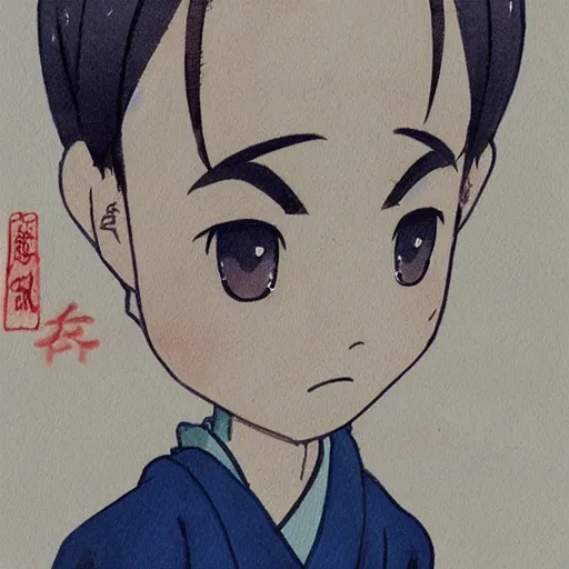 Image similar to beautiful water color concept art of face detailing cute nendoroid boy in the style of hokusai , toon rendering, close-up, no shade, modern art, kyoto animation