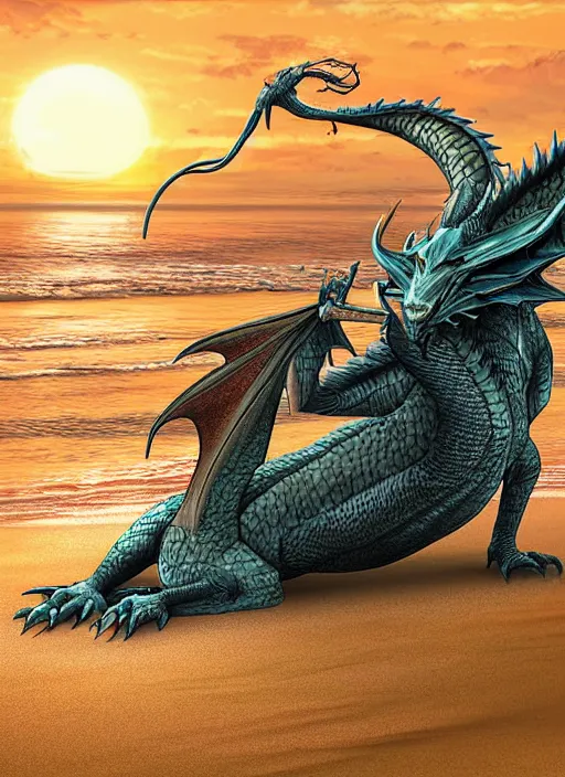 Image similar to a humanoid dragon sitting on the beach, sunrise. digital art