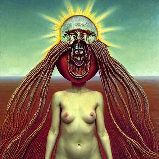 Image similar to the queen of the sun in the style of zdzisław beksiński and h.r. giger, oil on canvas, full body, open wide chest, intricately detailed artwork, full 8k high quality resolution, recently just found unknown masterpiece, renaissance painting, photorealism, 8k high detail, Sigma 85 mm f 1.4, Studio Light, Studio Ghibli, jacek yerka, alex gray, zdzisław beksiński, dariusz zawadzki, jeffrey smith and h.r. giger, oil on canvas, 8k highly professionally detailed, trending on artstation, her hair is thick and smooth, she is beautiful showing her true form