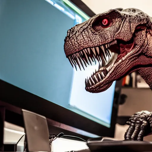 Prompt: a t - rex screaming at their computer