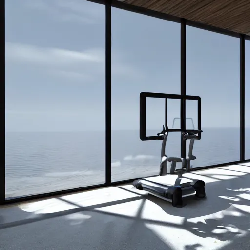 Prompt: brutalist workout gym, big windows, showing sea landscape on background, minimalist architecture, gym furniture, octane render, high quality, 8 k, post production