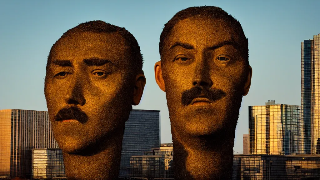 Image similar to the strange giant head at the office building, made of oil and water, film still from the movie directed by Denis Villeneuve with art direction by Salvador Dalí, golden hour