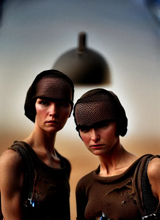 Image similar to cinestill 5 0 d photographic portrait by steve mccurry of two loving female androids wearing rugged black mesh techwear on a desolate plain of existence, extreme closeup, cyberpunk style, dust storm, 8 k, hd, high resolution, 3 5 mm, f / 3 2, ultra realistic faces, ex machina