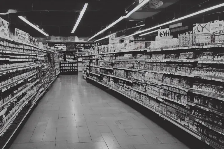 Prompt: After hours at the grocery store, dim lighting, surreal atmosphere, eerie feeling