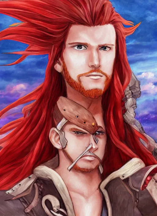 Image similar to An epic fantasy pokemon anime style portrait painting of a long haired, red headed male sky-pirate in front of an airship