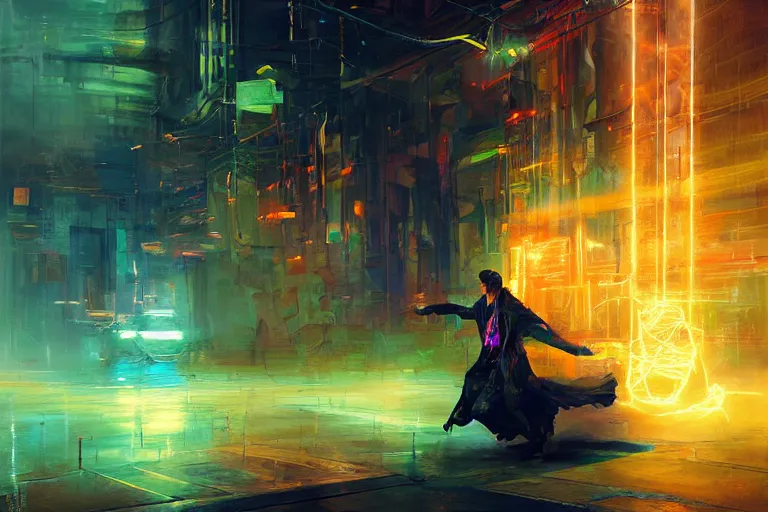 Image similar to magical sorcerer dances with bolts of electricity, digital art, intricate, strong lighting, neon colors, art by ruan jia