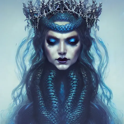 Image similar to dark queen of snakes, crown of snakes, blue skin, realism, dark fantasy, cgsociety, artstation