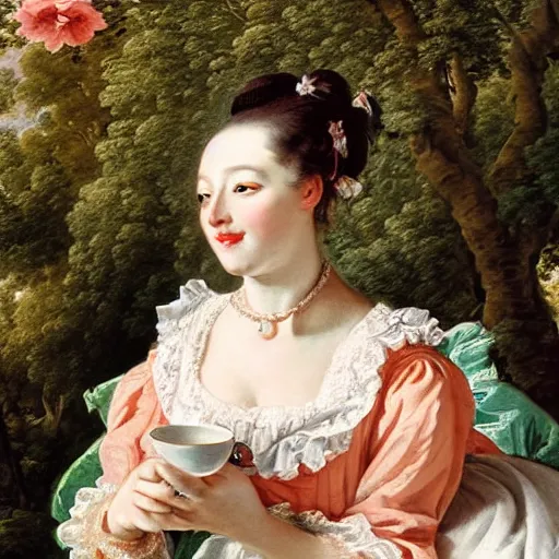 Image similar to a beautiful close - up portrait painting of a woman sipping tea in a park by francois boucher