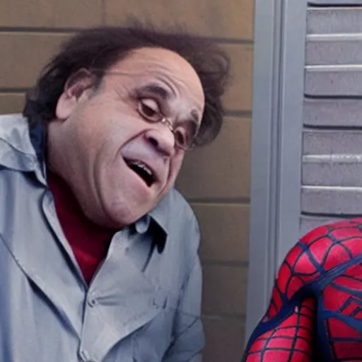 Prompt: a screenshot of Danny Devito playing an unmasked Peter Parker Spiderman in Spiderman: No Way Home