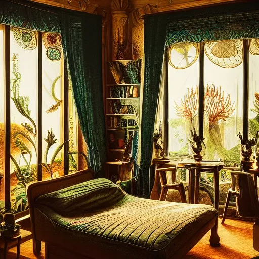 Image similar to room interior with furniture, art forms in nature, inspired by ernst haeckel, morning light, intricate high details, sharp, ultradetailed