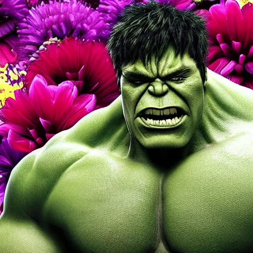 Prompt: hyper realistic image of hulk with love and flowers