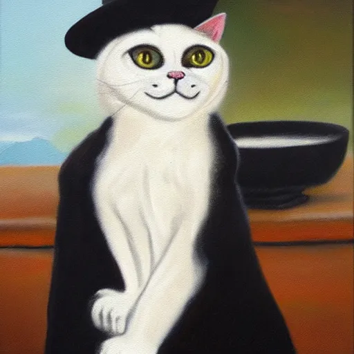 Prompt: an oil painting of a white cat, wearing a black hat