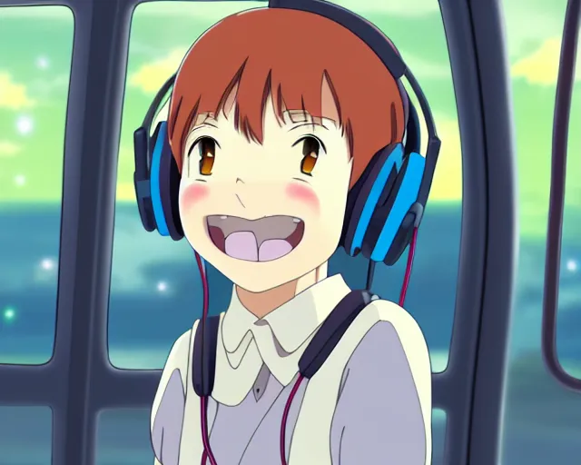 Image similar to anime fine details portrait of joyful girl in headphones in school bus, bokeh. anime masterpiece by Studio Ghibli. 8k render, sharp high quality anime illustration in style of Ghibli, artstation