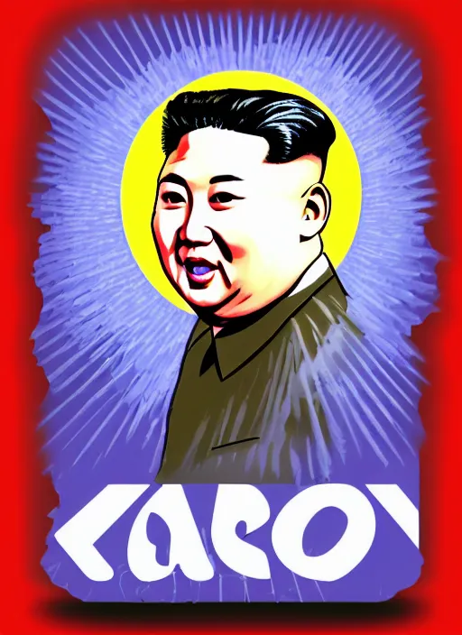 Image similar to kim jong - un with a bottle of vodka on an icon with a halo of fire, scary infernal art in color