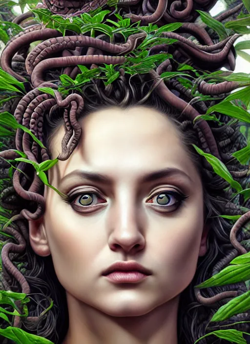 Image similar to photo of a medusa in the style of stefan kostic, realistic, half body shot, sharp focus, 8 k high definition, insanely detailed, intricate, elegant, art by stanley lau and artgerm, extreme bokeh foliage