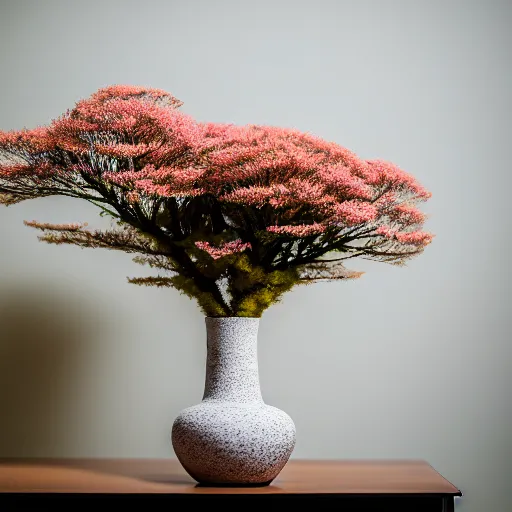 Prompt: a photo of 8k Ikebana in flower vase, ikenobo, ohararyu, sougetsu, wide angle, full body, sony a7r3, ultra detail, photorealistic, in simple background