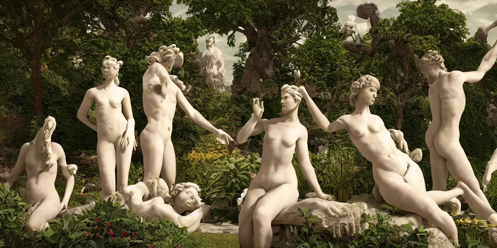 Image similar to Garden Utopia, surrealism, outside, Greek marble statues, earthly pleasures, intricate artwork by caravaggio. Trending on artstation, octane render, cinematic lighting from the right, hyper realism, octane render, 8k, depth of field, 3D