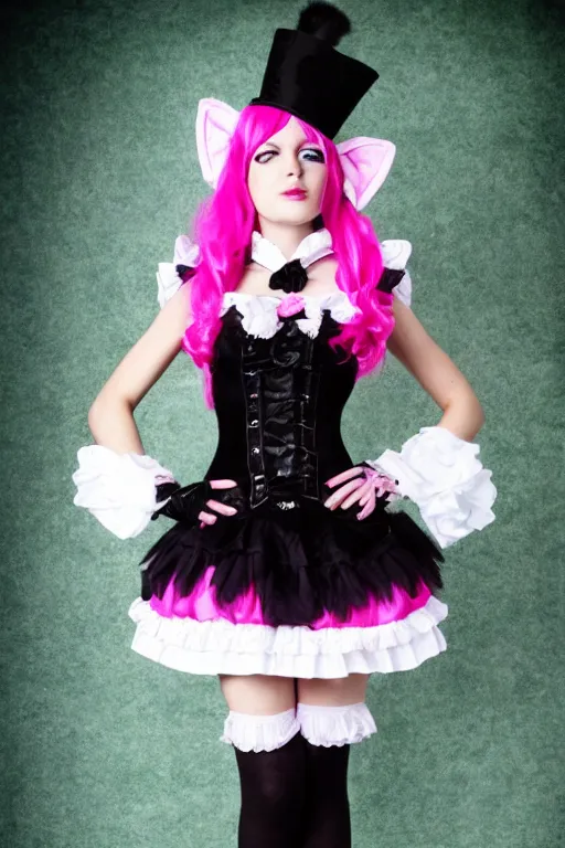 Image similar to Catgirl with black fur, pink hair, and pink eyes in Gothic Lolita maid costume wearing small top hat