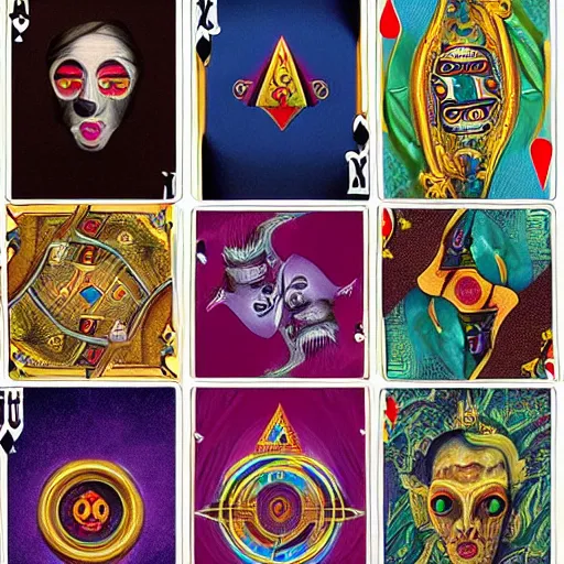 Prompt: full set of illuminati playing cards in the style of Salvador Dali, hyper-realistic, highly detailed, intricate detail, depth of field, High definition, 8k, octane render, artstation