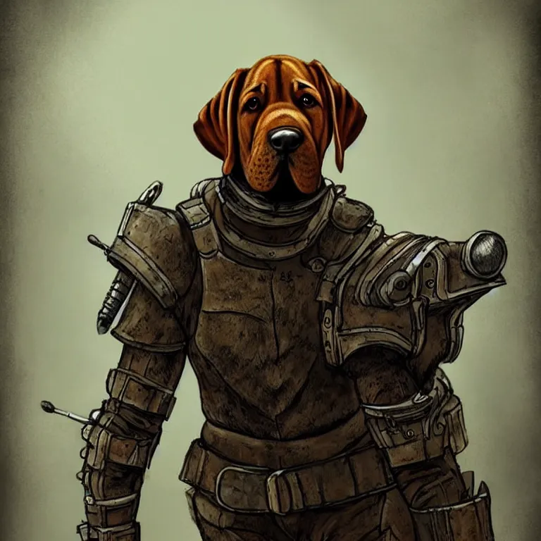 Image similar to a good ol'floppy - eared bloodhound pup fursona ( from the furry fandom ), heavily armed and armored facing down armageddon in a dark and gritty version from the makers of mad max : fury road. witness me.