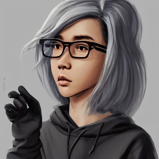 Prompt: A beautiful Woman with #E0A37A Skin color, South East Asian with long, Puffy, Afro hair, Small Square Glasses, light grey hoodie opened, white T-Shirt, White gloves, Denim Jeans, Birkenstock sandals, Character art, Calarts, button eyes highly detailed, digital painting, artstation, concept art, sharp focus, unreal engine 5, art by alex ross and greg rutkowski and alphonse mucha