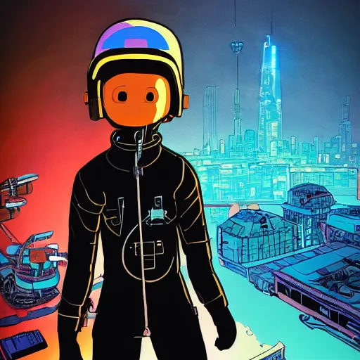 Image similar to in the style of max prentis and deathburger and laurie greasley a young mixed race male explorer wearing a cyberpunk headpiece who is standing on a giant robot head, highly detailed, 8k wallpaper, adventure time colour palette