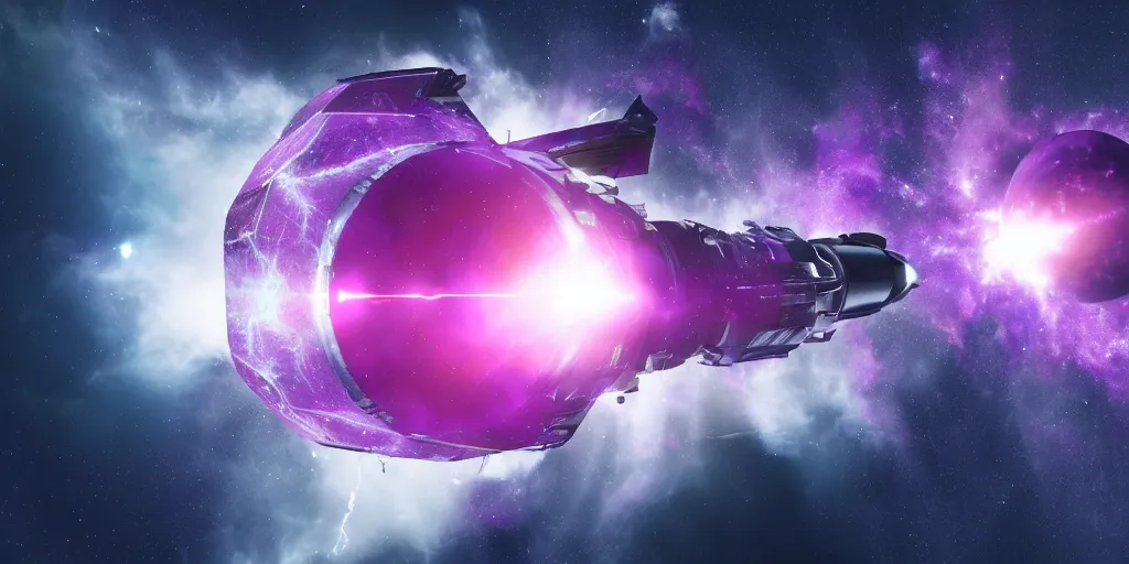 Image similar to A hi-tech spaceship exploding an antimatter bomb, purple explosion, space nebula, white stars in the background, 8k render, cinematic lightning, ultra hd