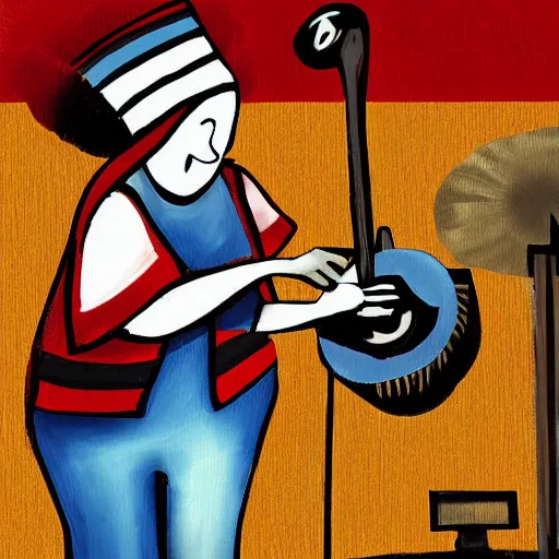 Prompt: a babushka playing drums on a stage, the drums look like giant muffins, digital art