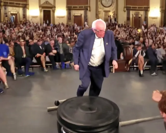 Prompt: bernie sanders deadlifts 200lbs barbells during filibuster speech in senate chambers