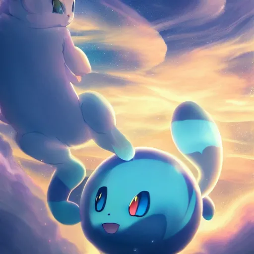 cinematic portrait of Mew Pokemon riding large blue