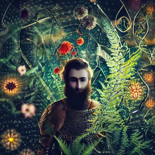 Image similar to a male knight with beard, stern face, clear eyes, shining armour made of steel, and fractal hair, fighting the darkness in a fractal garden, glowing delicate flower, berries and ferns that grow in a dark flowering fantasy forest, full frame,