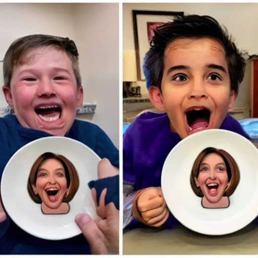 Image similar to a very excited young man with an open mouth smile, drooling over a tiny nancy pelosi on a plate