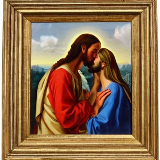 Image similar to 1 8 th oil panting of a jesus kissing a woman