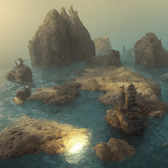 Image similar to an underwater settlement painted by, mc escher, gordon onslow ford, georgia o'keeffe and ivan aivazovsky, cinematic light, god rays, unreal engine, zbrush central,