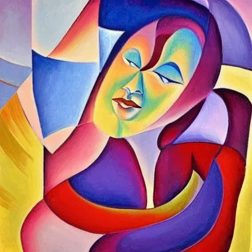 Prompt: woman in glorious robes rose up vast as the skies, old as the mountains and formless as starlight to shelter the precious memories, matter, messages, high quality abstract art in the style of cubism and davinci and geogia o keefe,