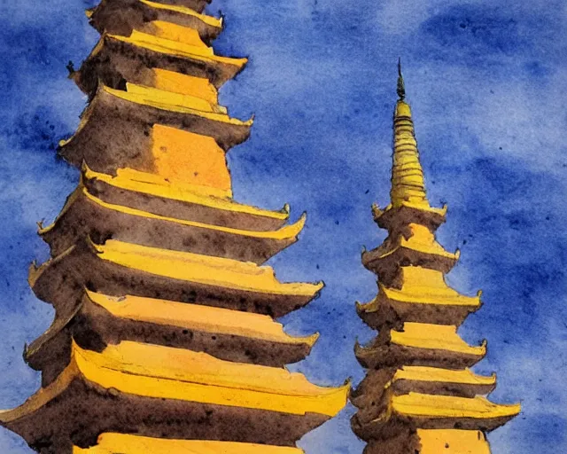 Image similar to twin buddhist pagodas made of stone, in landscape, traditional chinese watercolor,